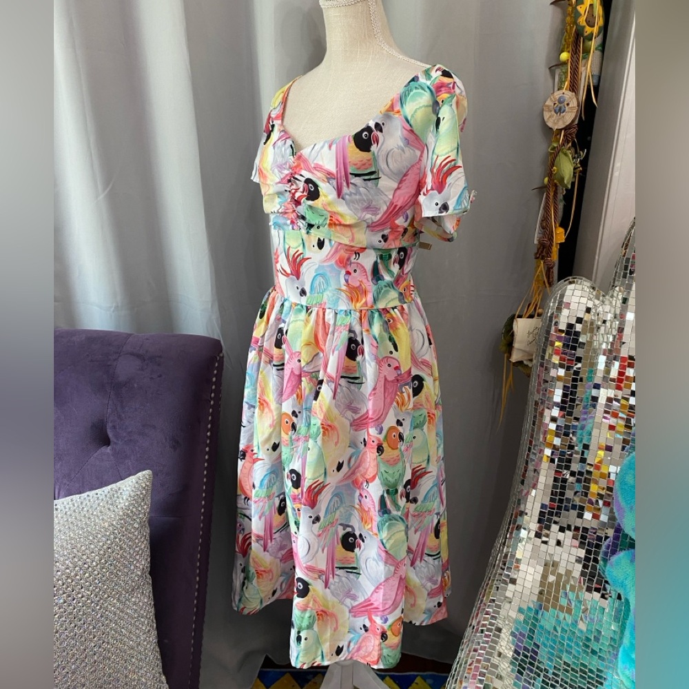 ❌SOLD❌UNIQUE VINTAGE MODCLOTH XL PARROT TROPICAL BIRD SWING DRESS SWEETHEART - Picture 6 of 9